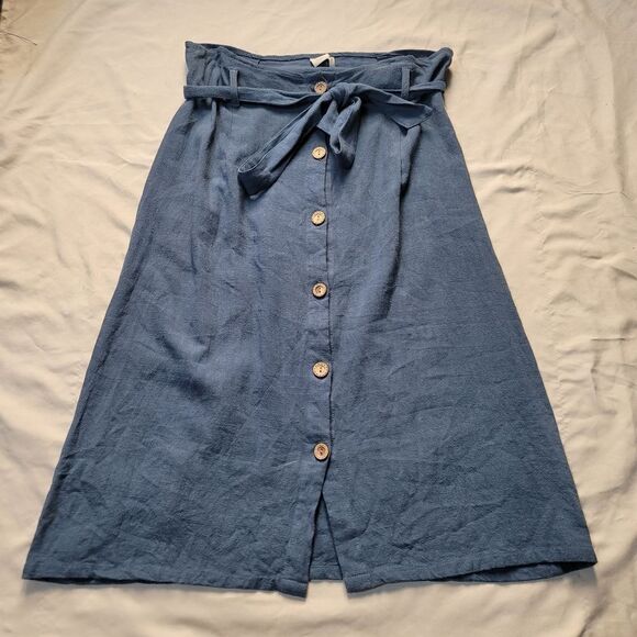 Chic Paper Crane blue A-line skirt - midi length, button down, tie belt, size: L - Picture 1 of 10